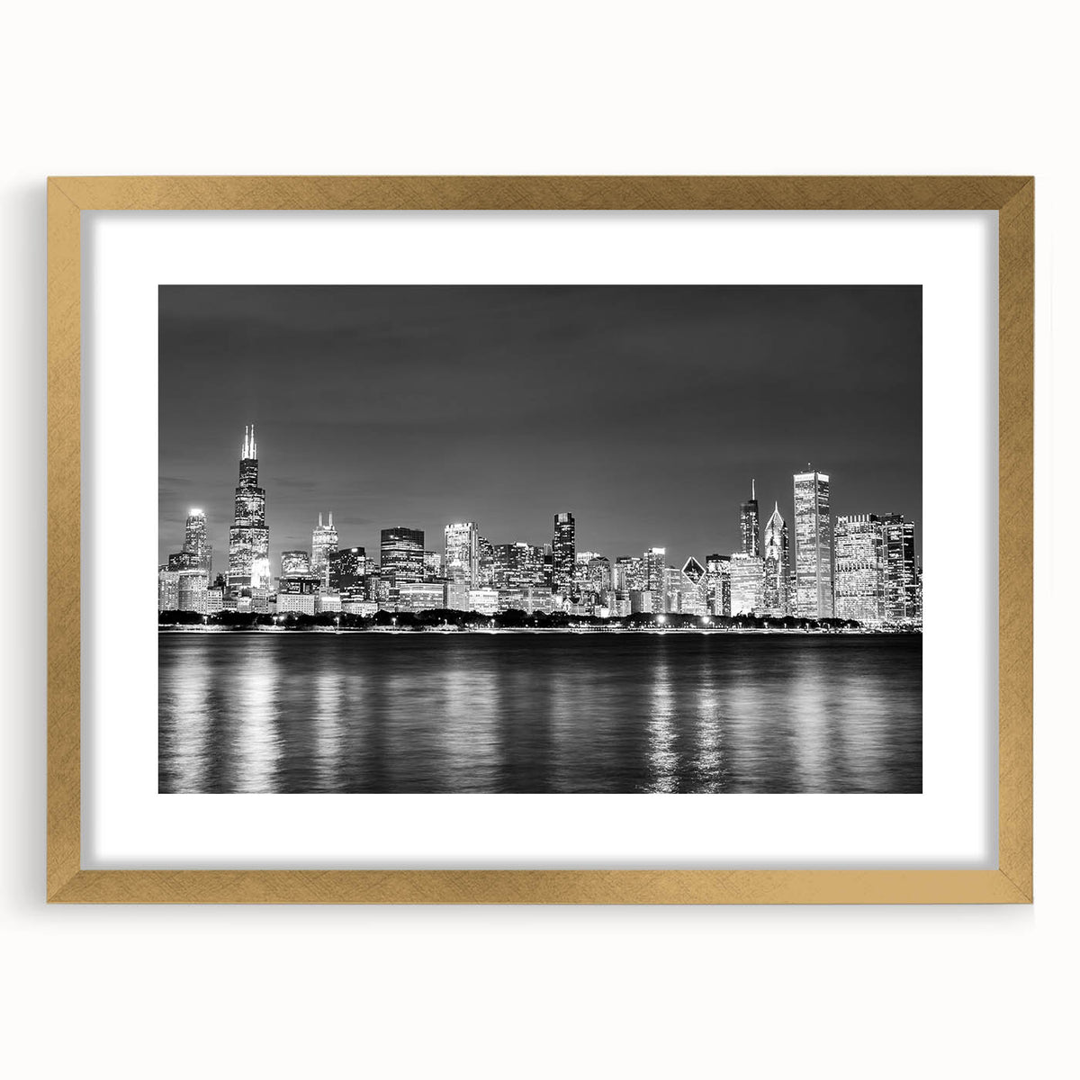 Extra large abstract art print of Chicago skyline in textured gold frame, ideal for living room decor.