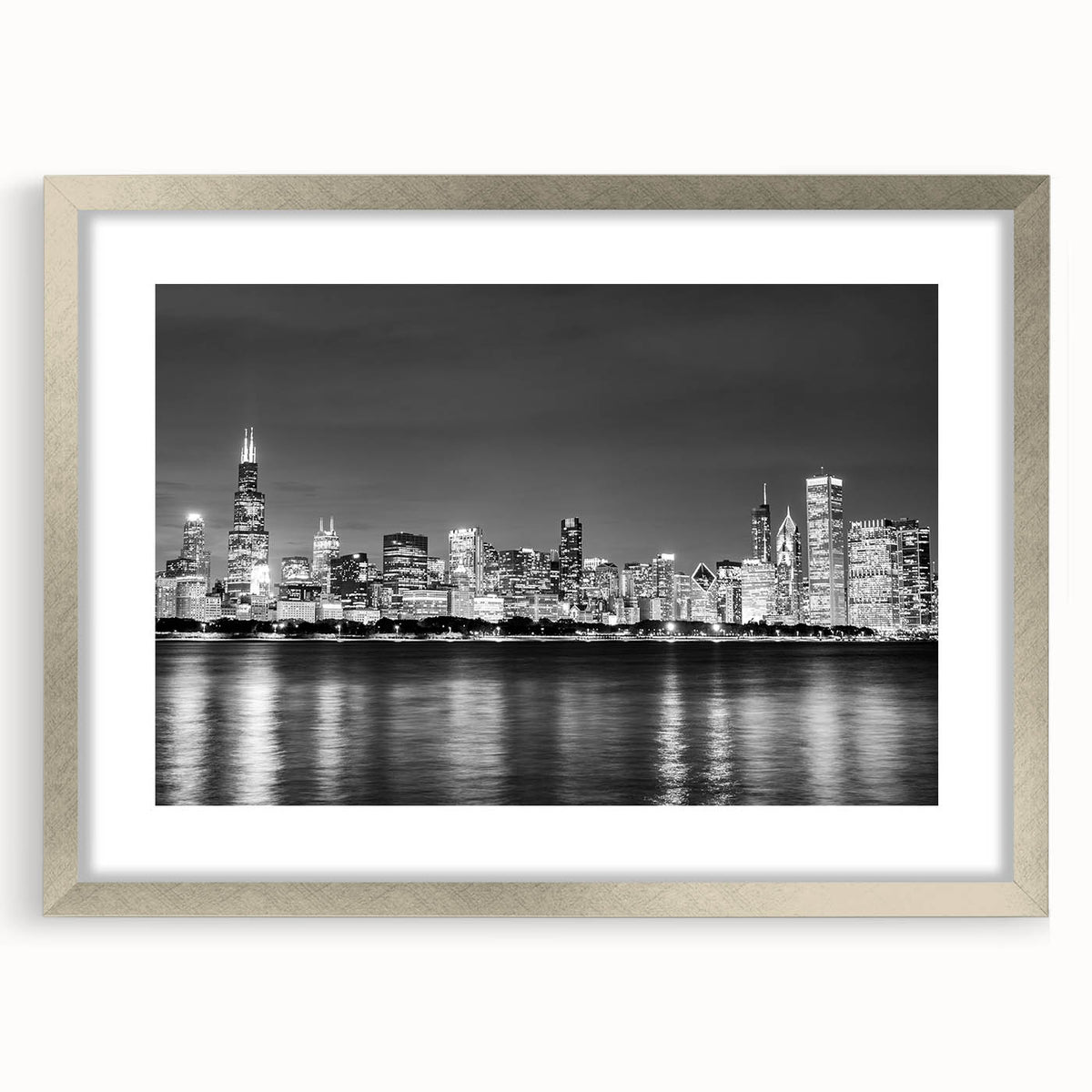 Textured abstract art print of Chicago skyline in muted gray tones on a framed canvas, suitable for bedroom art.