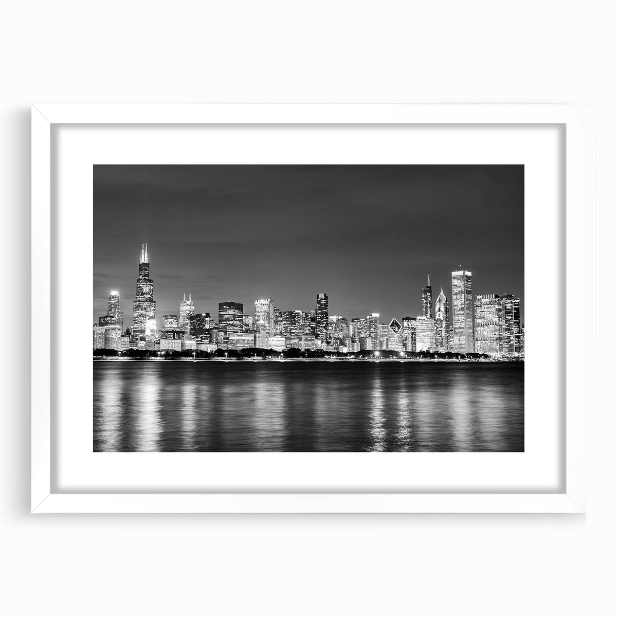 Abstract art print of Chicago skyline in muted gray and blue tones on a white framed poster, ideal for dining room decor.