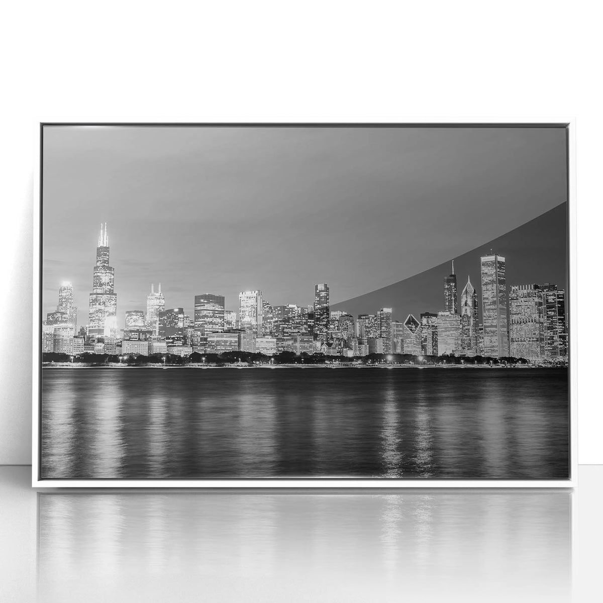 Art deco poster of Chicago skyline in muted blue and white, framed acrylic print, suitable for modern nursery wall art.