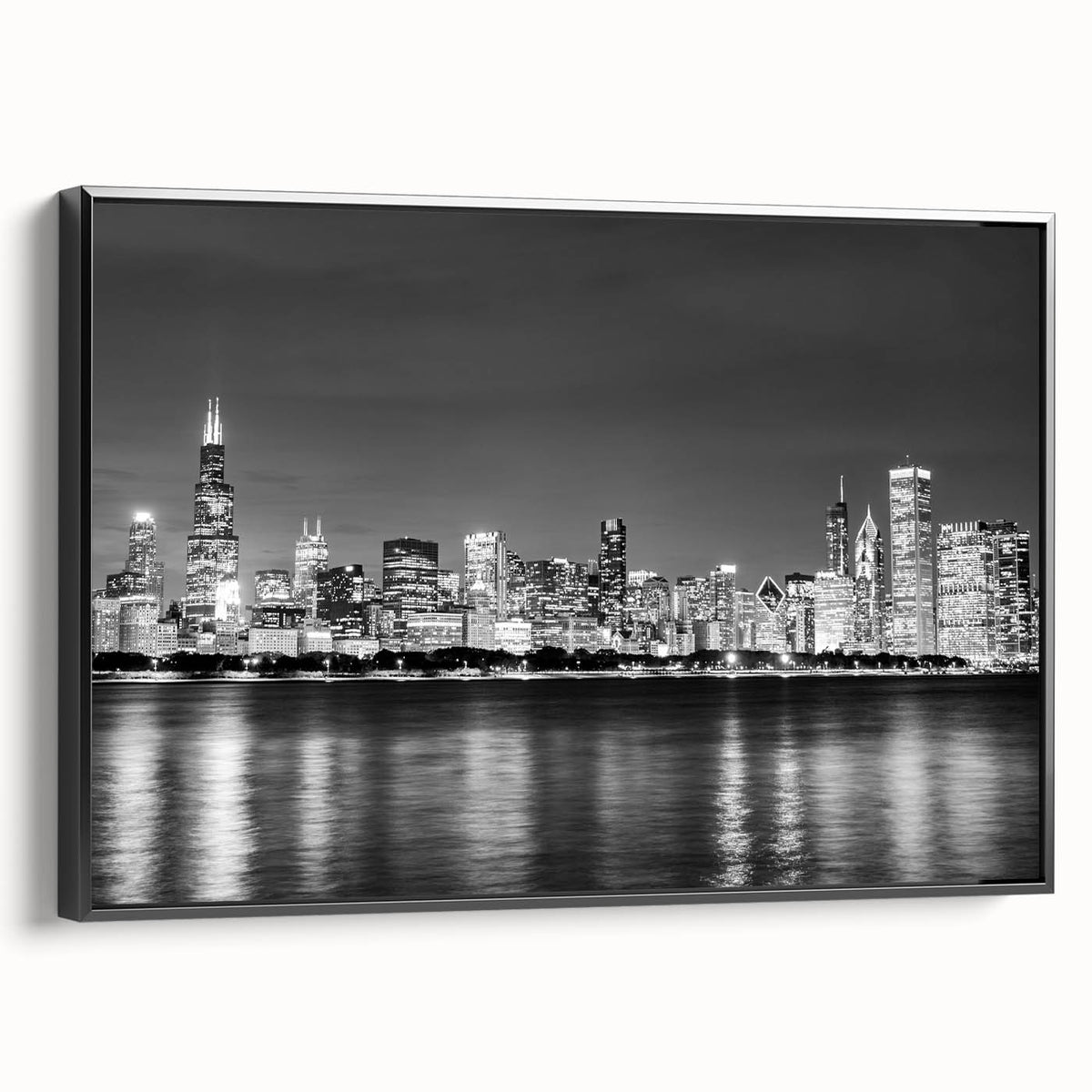 Black and white framed canvas of Chicago skyline, ideal for bedroom wall art in vintage poster style.