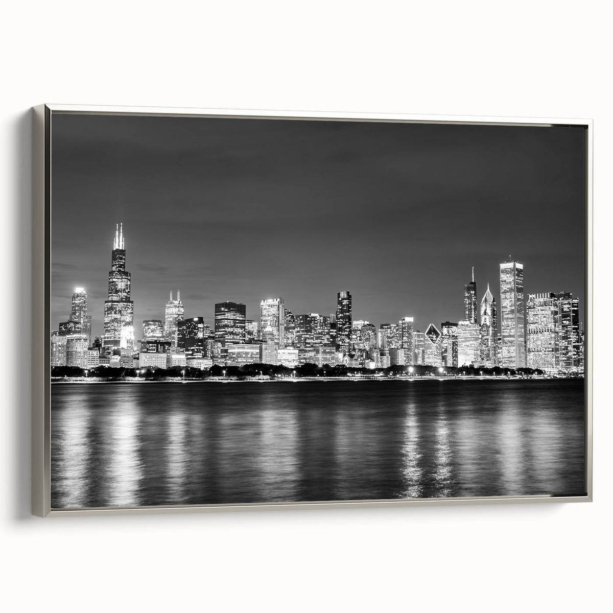 Framed canvas of a vintage Chicago skyline landscape in muted black with colorful accents, ideal for office decor.