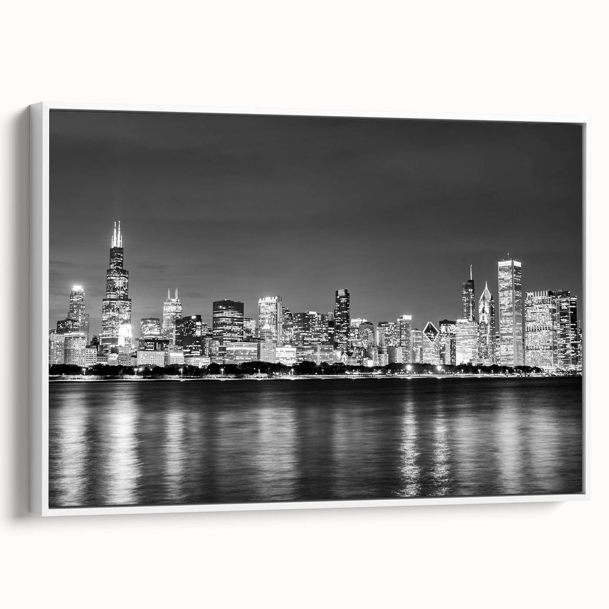 Framed canvas of vintage poster art depicting the Chicago skyline in colorful tones, ideal for living room decor.