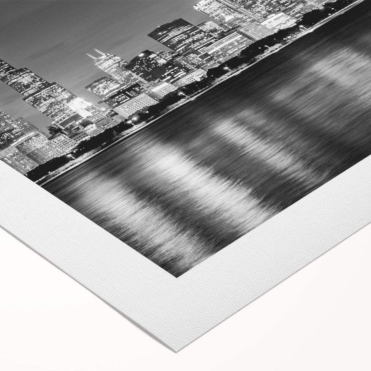 Art deco poster of Chicago skyline in muted metallic tones on rolled canvas, suitable for dining room decor.