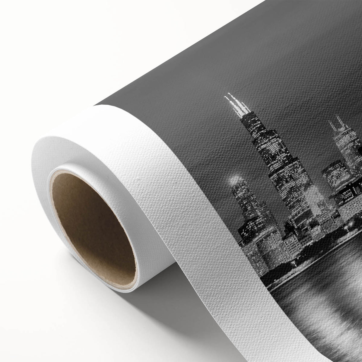 Art deco poster of Chicago skyline in monochrome shades on rolled canvas, suitable for nursery wall art or dining room decor.
