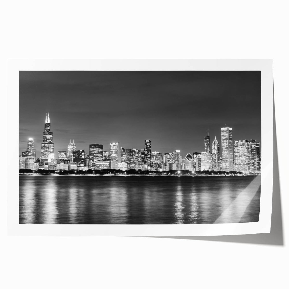 Extra large rolled print of Chicago skyline with muted blue tones, ideal for art wall dining room.