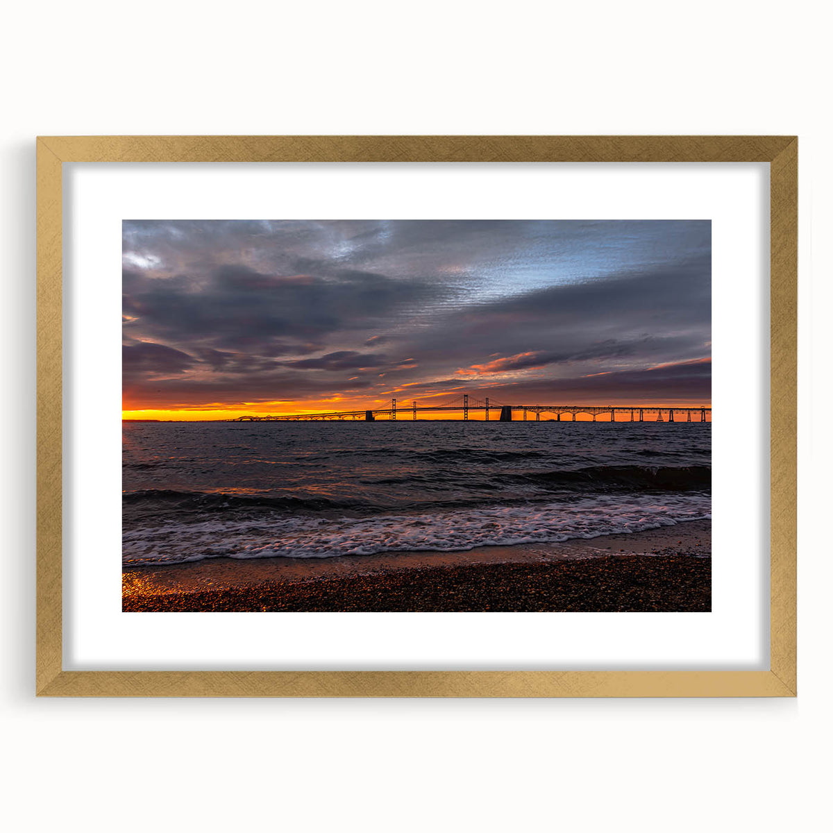 Extra large abstract art print of Annapolis scenery in gold frame with mat, featuring textured details in muted tones.
