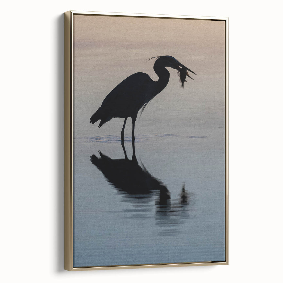 Framed canvas of Chesapeake Bay landscape in muted gold and black tones, suitable as wall art for bedroom.