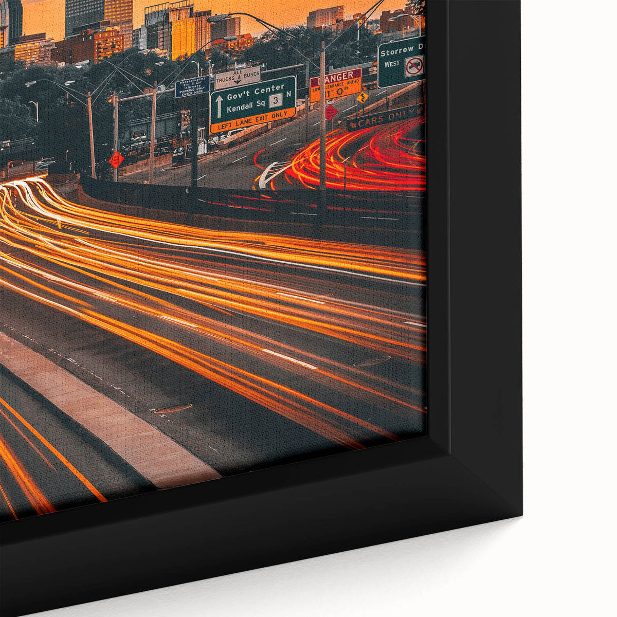 Framed canvas featuring a textured depiction of the Boston skyline with black and colorful art elements.