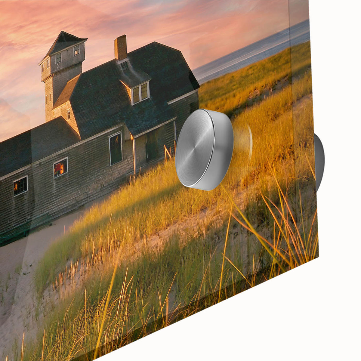 Large abstract wall art of Cape Cod in muted blue and green tones, acrylic print, ideal for dining room decor.