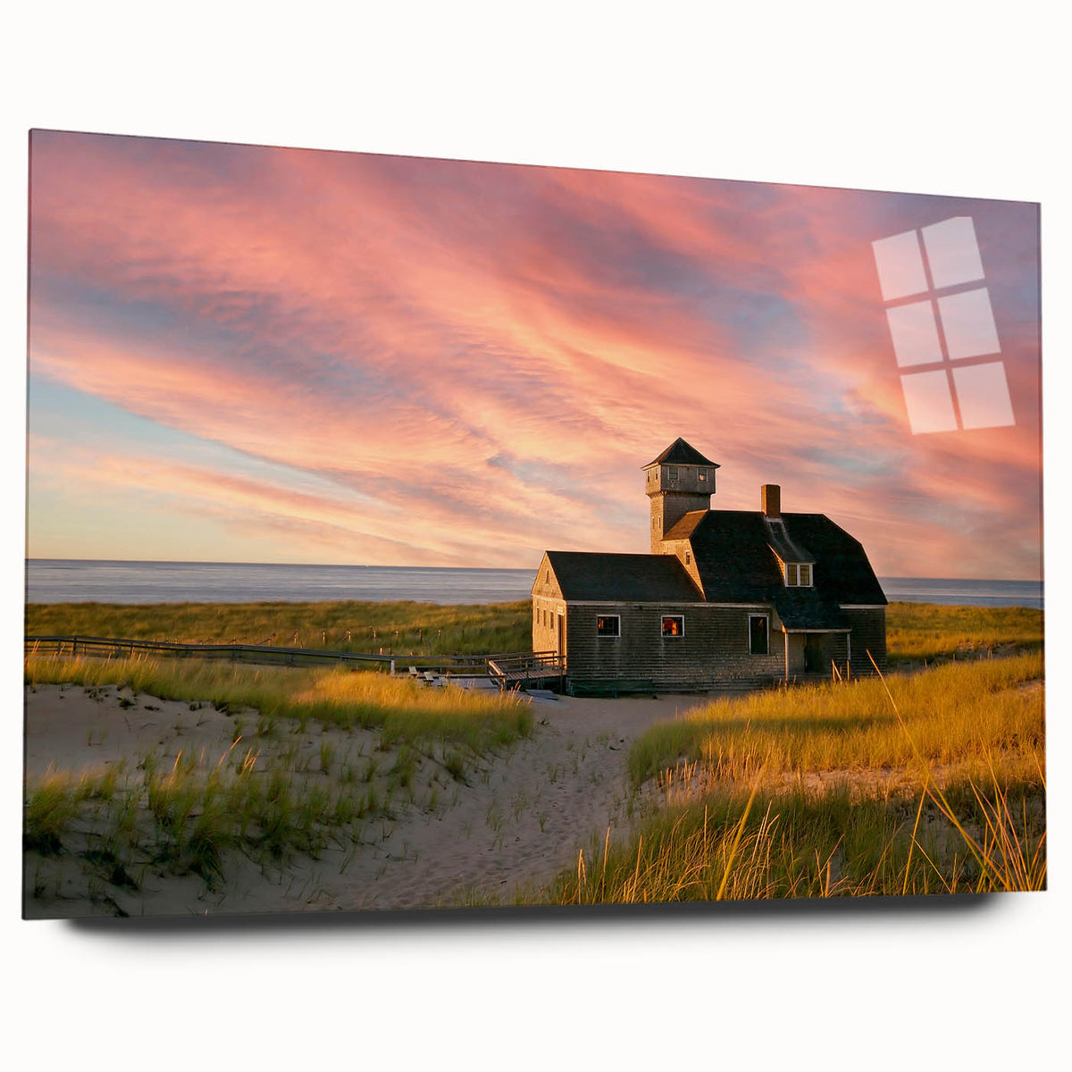 Large abstract depiction of Cape Cod in muted blue and green hues on acrylic glass.