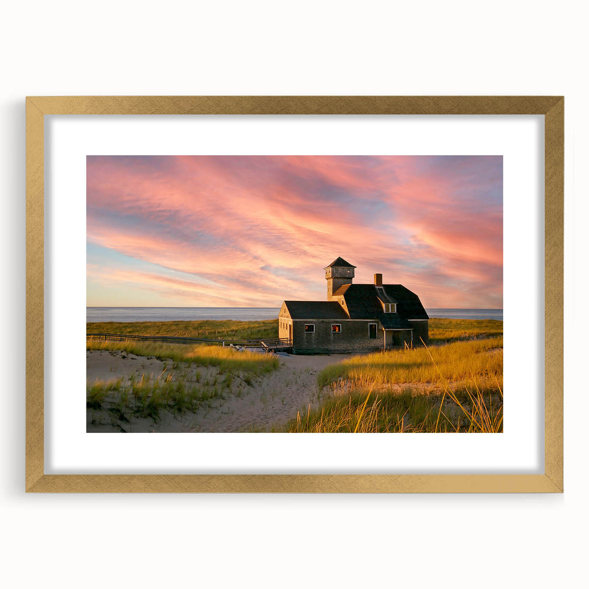 Extra large abstract art print depicting a textured Massachusetts Cape scenery in muted earth tones, framed in gold.