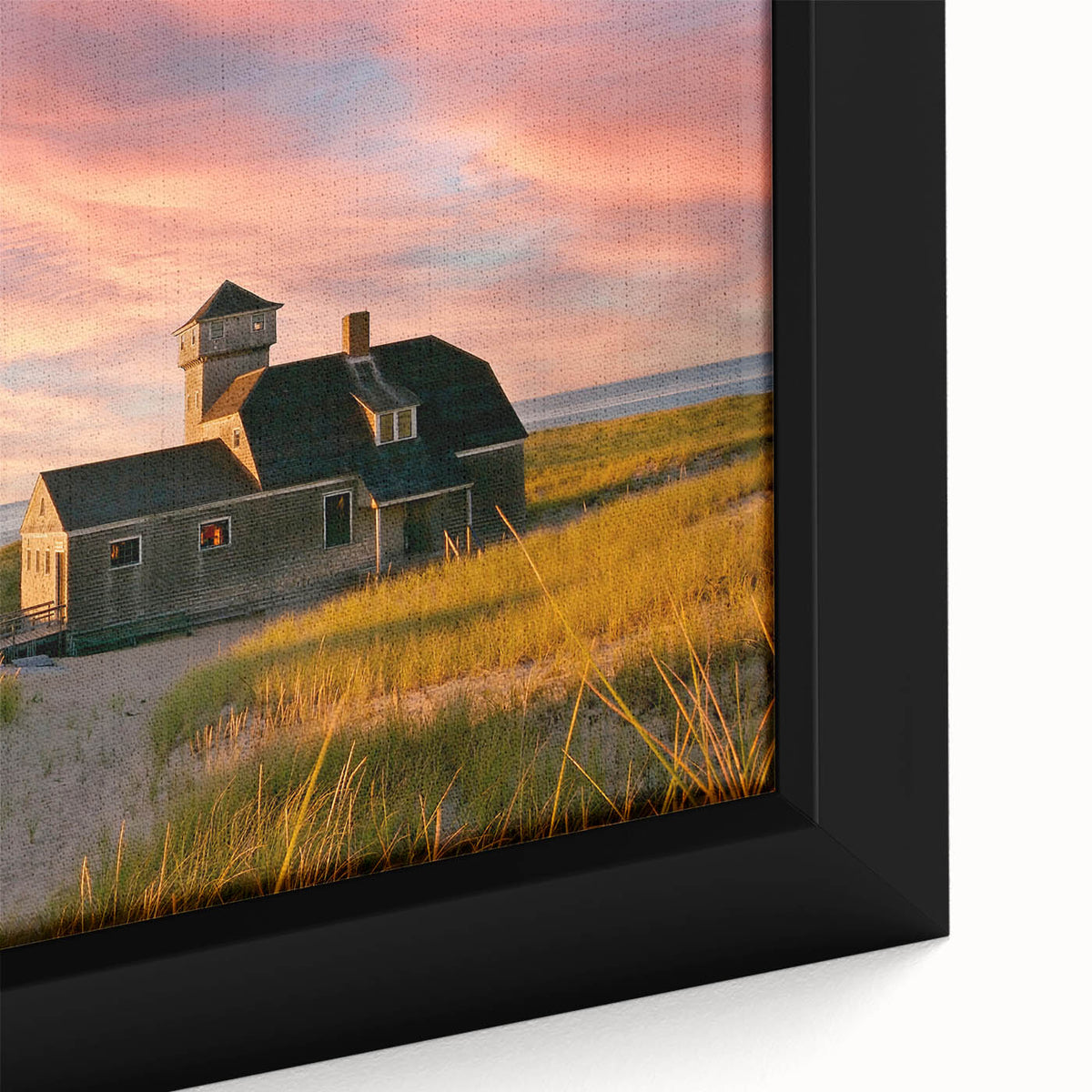 Framed canvas of a textured Massachusetts Cape scenery in black with colorful accents, suitable for large living room walls.