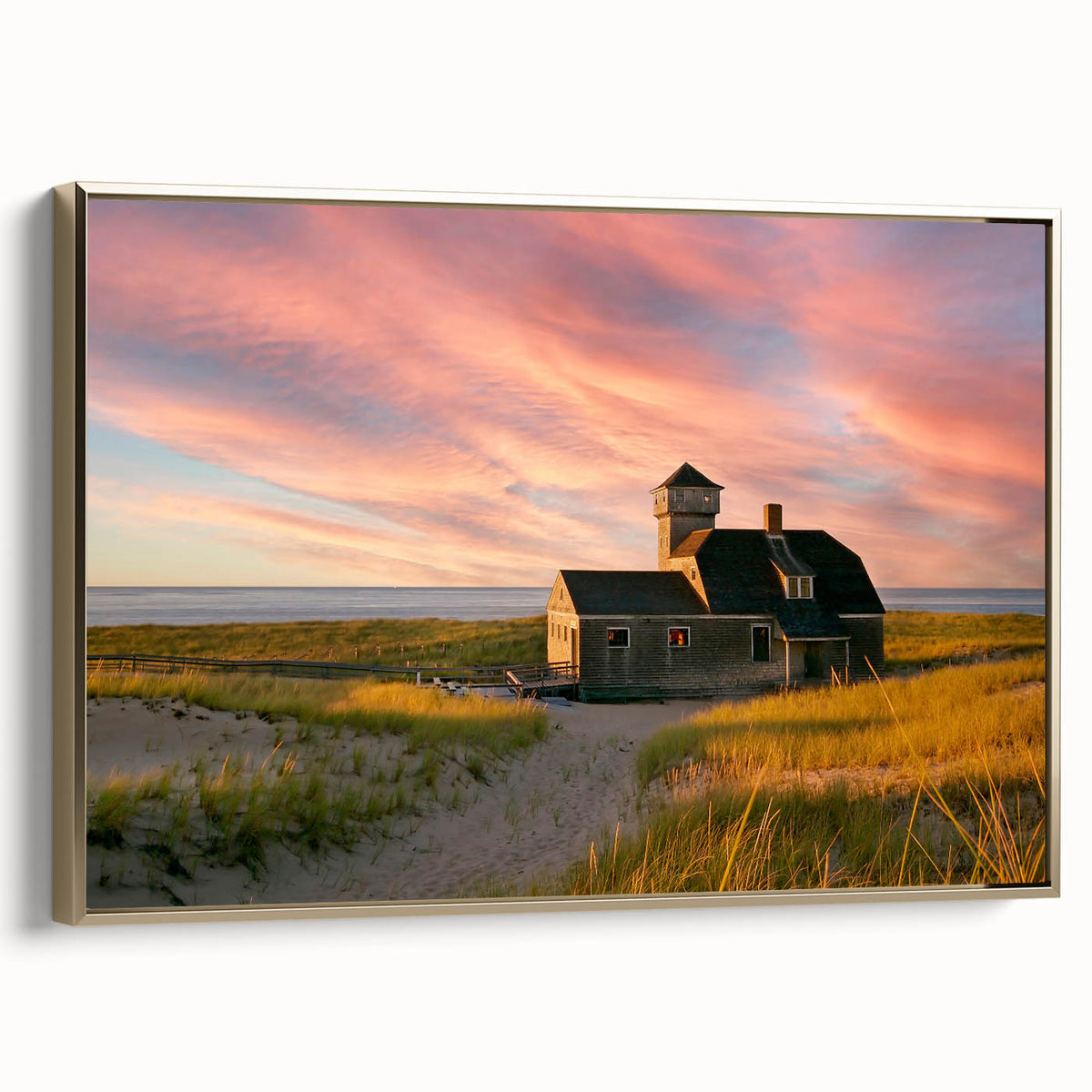 Framed canvas wall art depicting a vintage-style Massachusetts Cape landscape in muted gold and black tones.