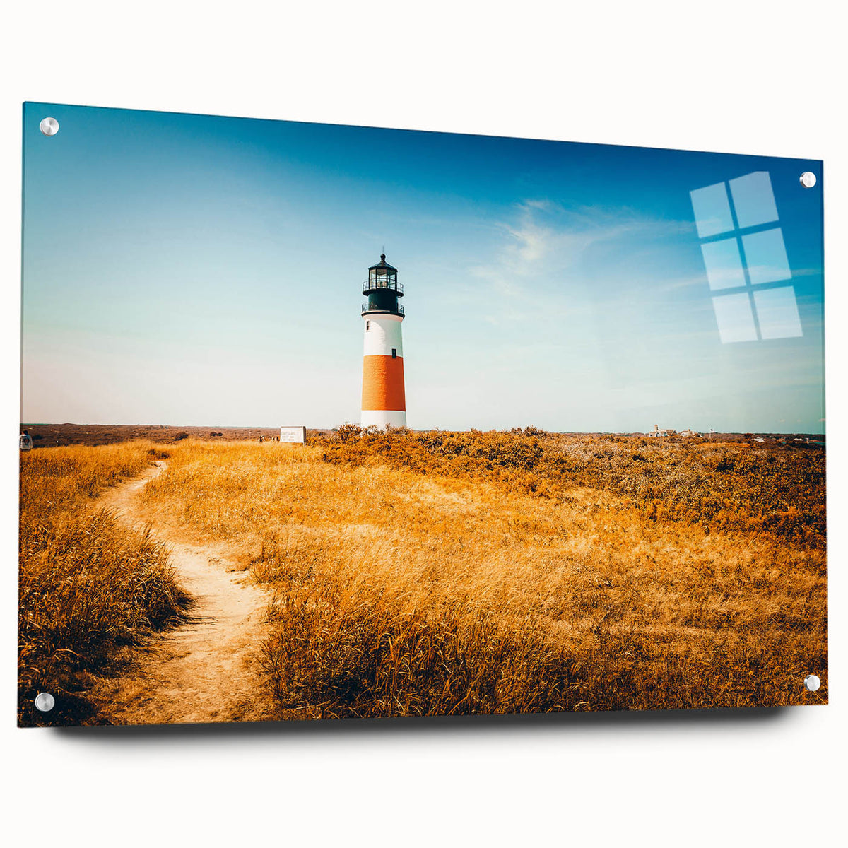 Acrylic print of a serene Nantucket landscape in soft blue and green tones, ideal for bedroom or dining room decor.