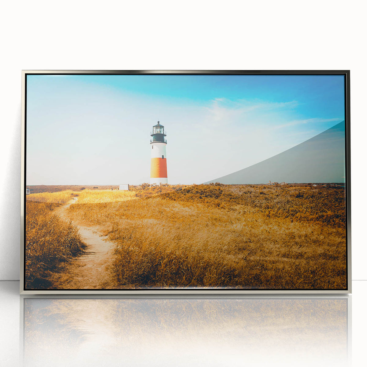 Mid-century modernist art depicting Nantucket scenery in muted tones on a silver-framed acrylic print.