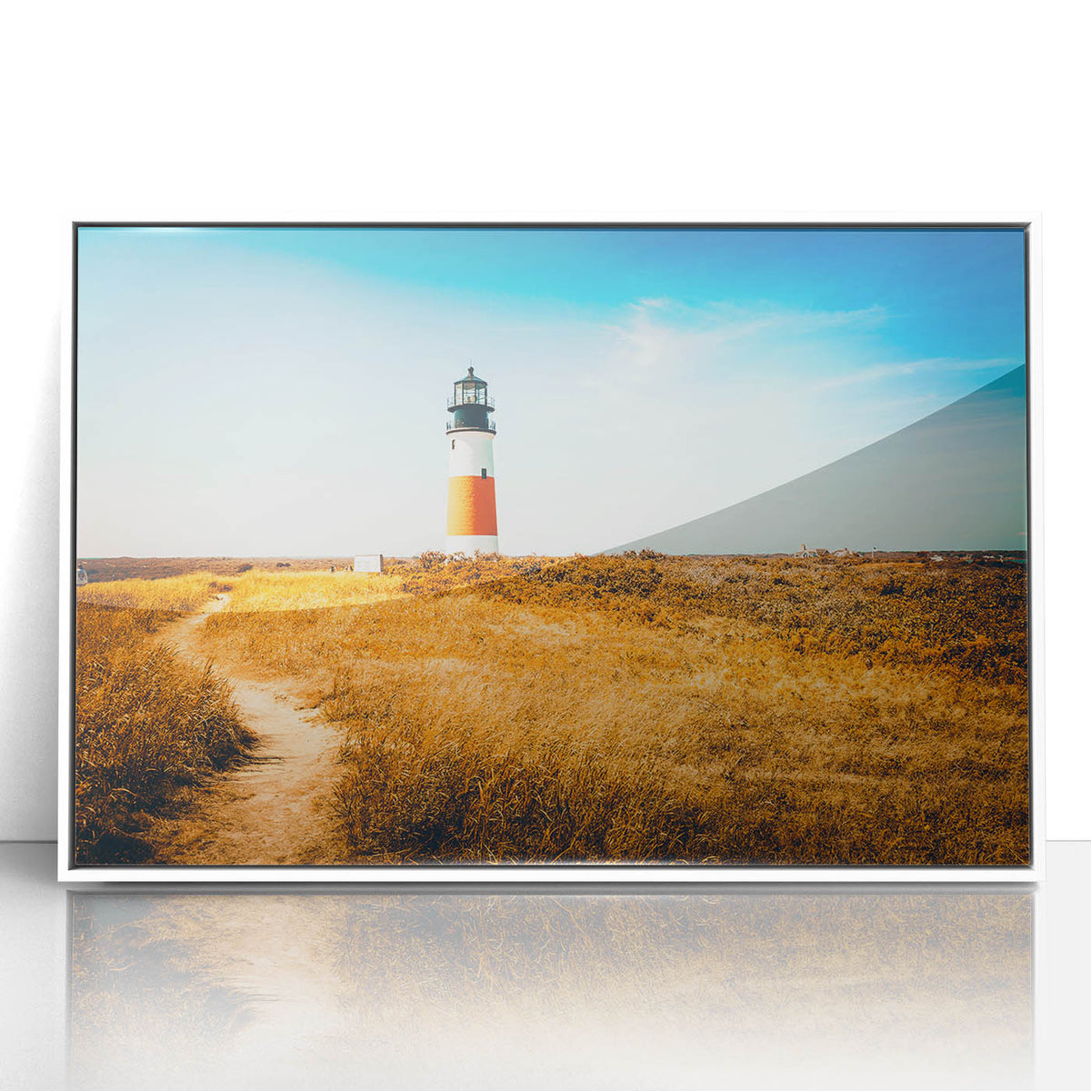Art deco poster of Nantucket scenery in muted blue and white tones on acrylic, ideal for nursery wall art.