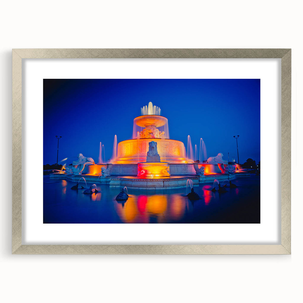 Textured abstract art print of Detroit skyline in muted gray and blue tones on a framed silver mat, suitable for bedroom art.