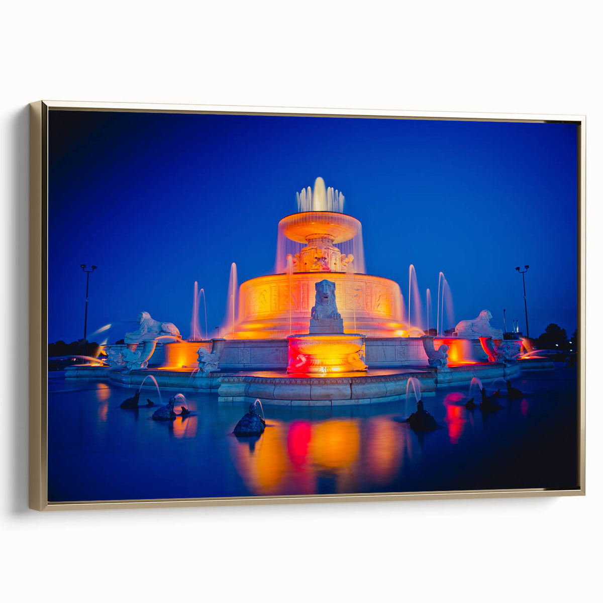 Framed canvas of vintage Detroit landscape in black and gold tones, ideal for bedroom wall art.