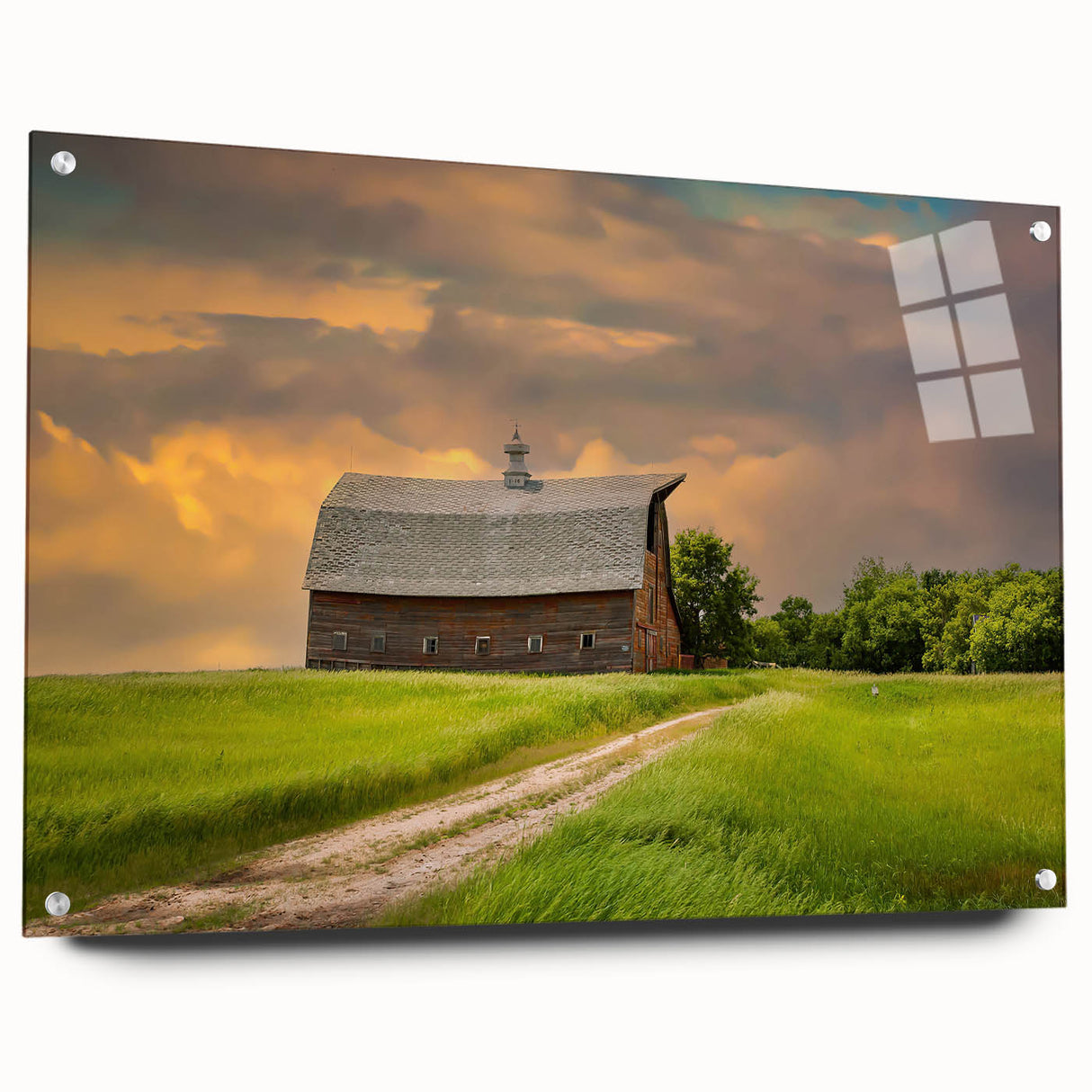 Large abstract wall art of North Dakota scenery in muted earth tones on acrylic glass.