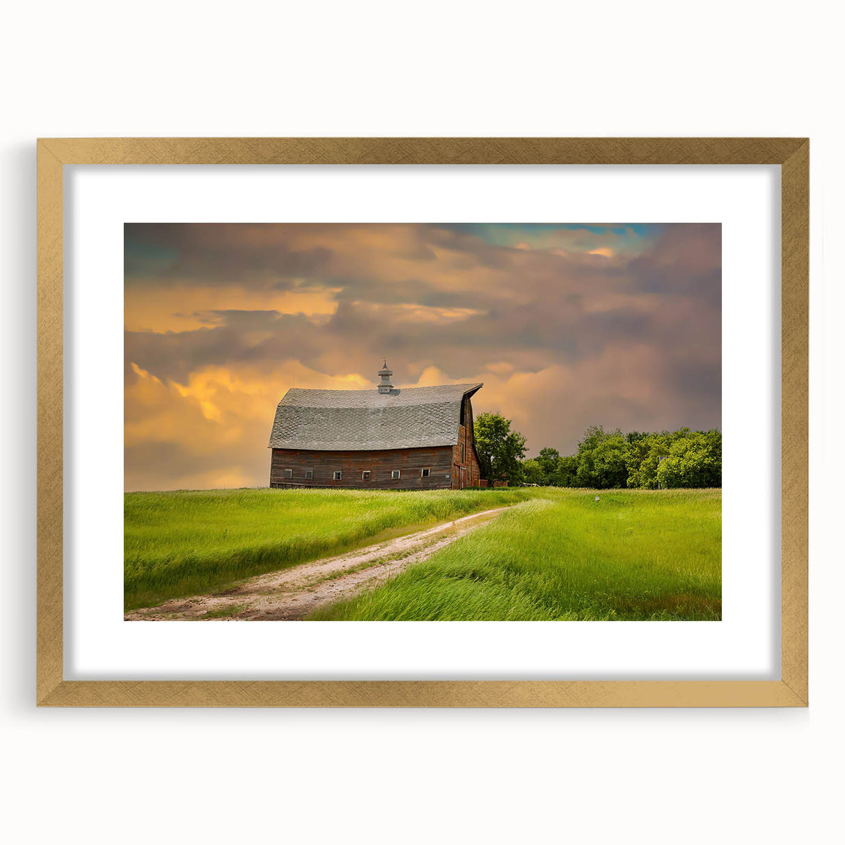 Extra large abstract art print depicting a textured North Dakota landscape in muted earth tones, framed in gold.