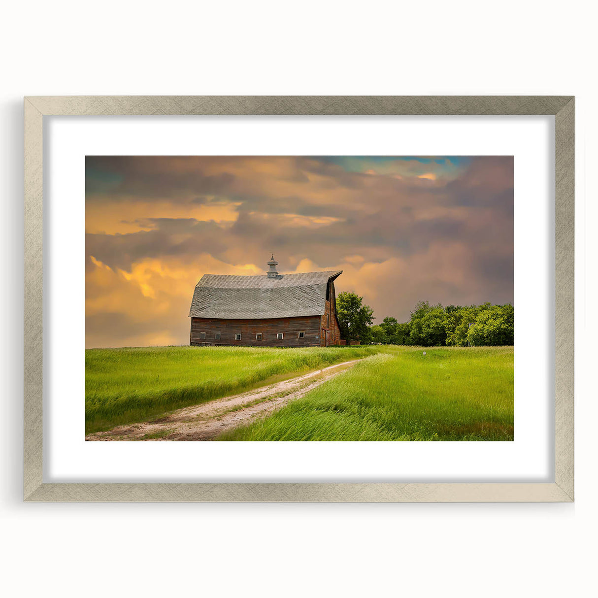 Textured art depicting abstract North Dakota scenery in muted earth tones on a framed silver mat, suitable for bedroom decor.