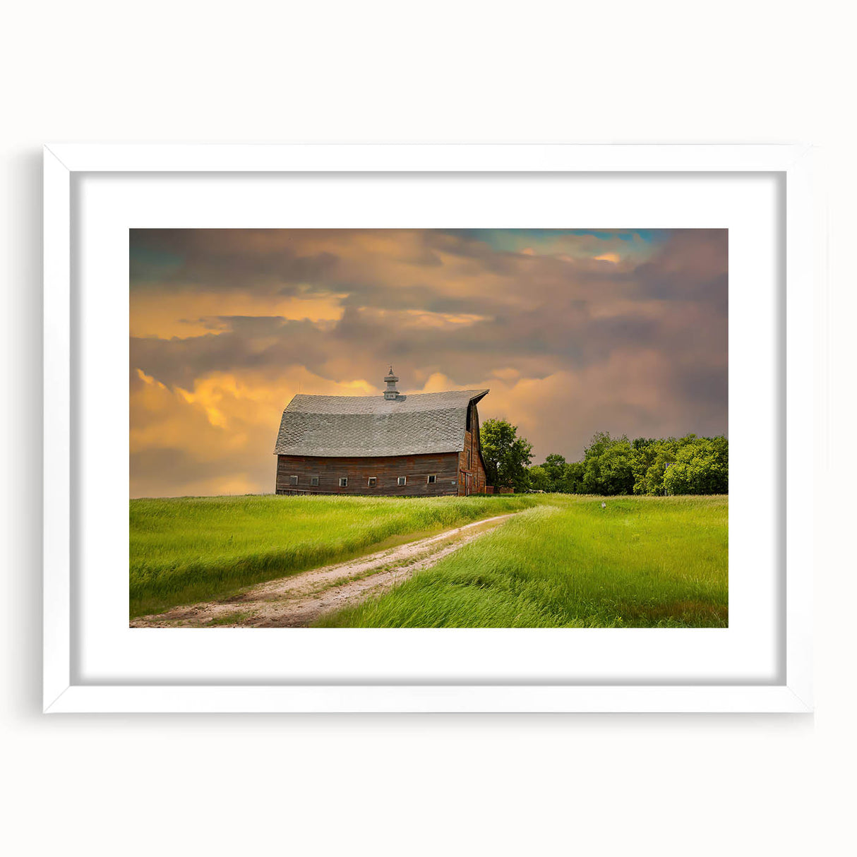 Abstract art print of North Dakota scenery in muted earth tones on a framed white mat, ideal for dining room decor.