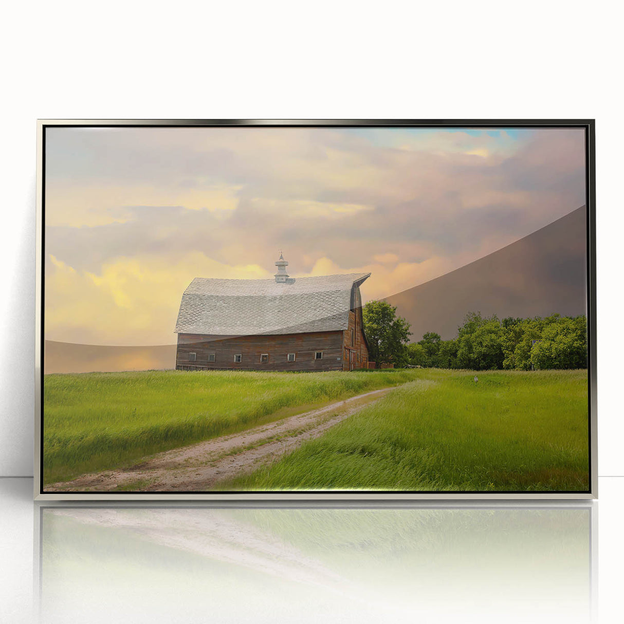 Mid-century modernist art depicting North Dakota scenery in muted earth tones on a silver-framed acrylic print.