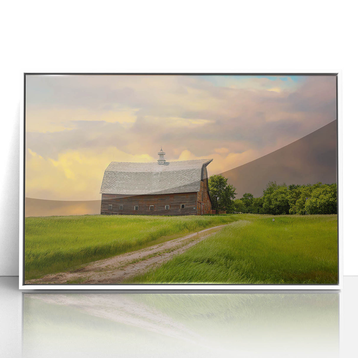 Art deco poster featuring a North Dakota scenery in muted earth tones on a framed acrylic.