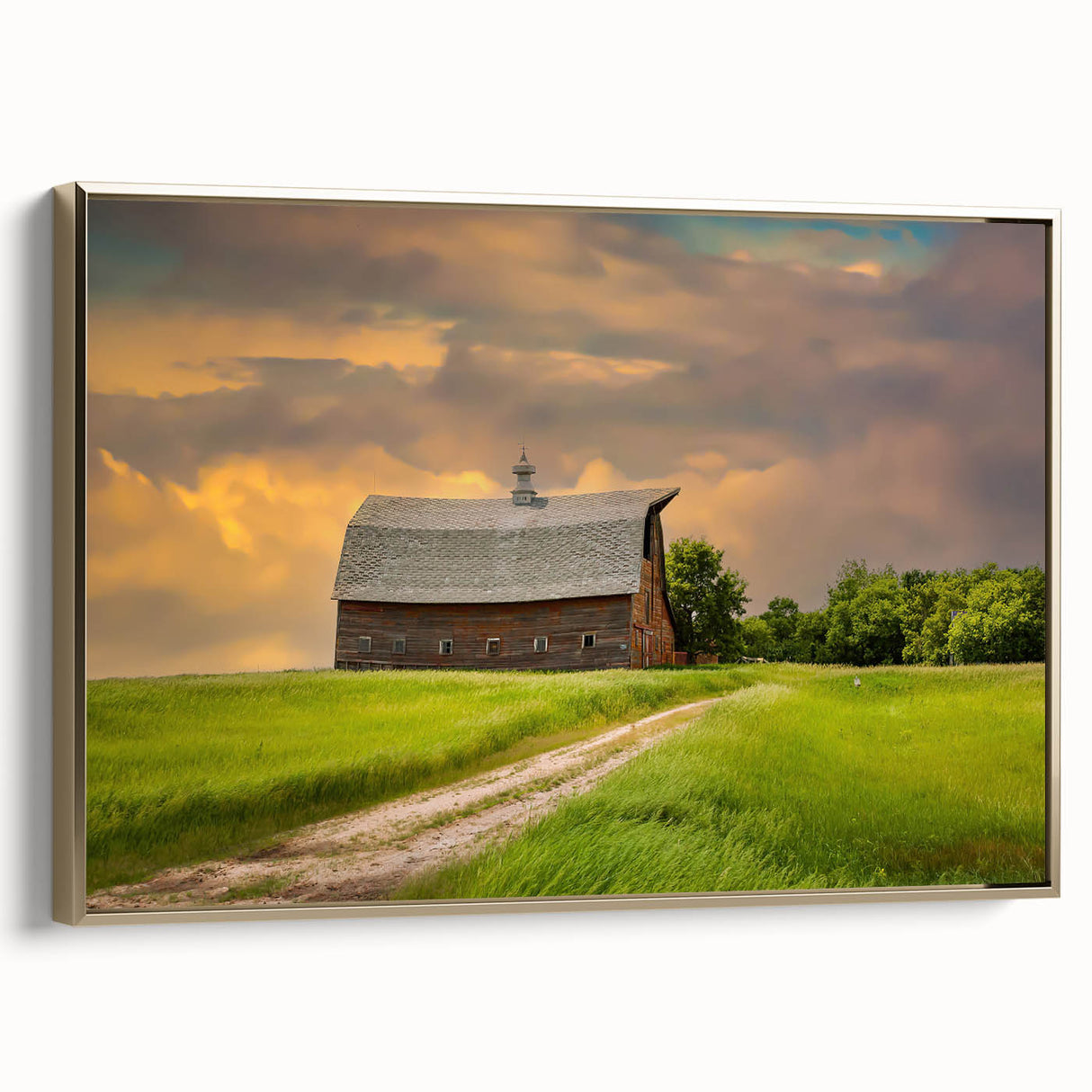 Framed canvas wall art depicting a North Dakota landscape in vintage poster style, with muted earth tones.