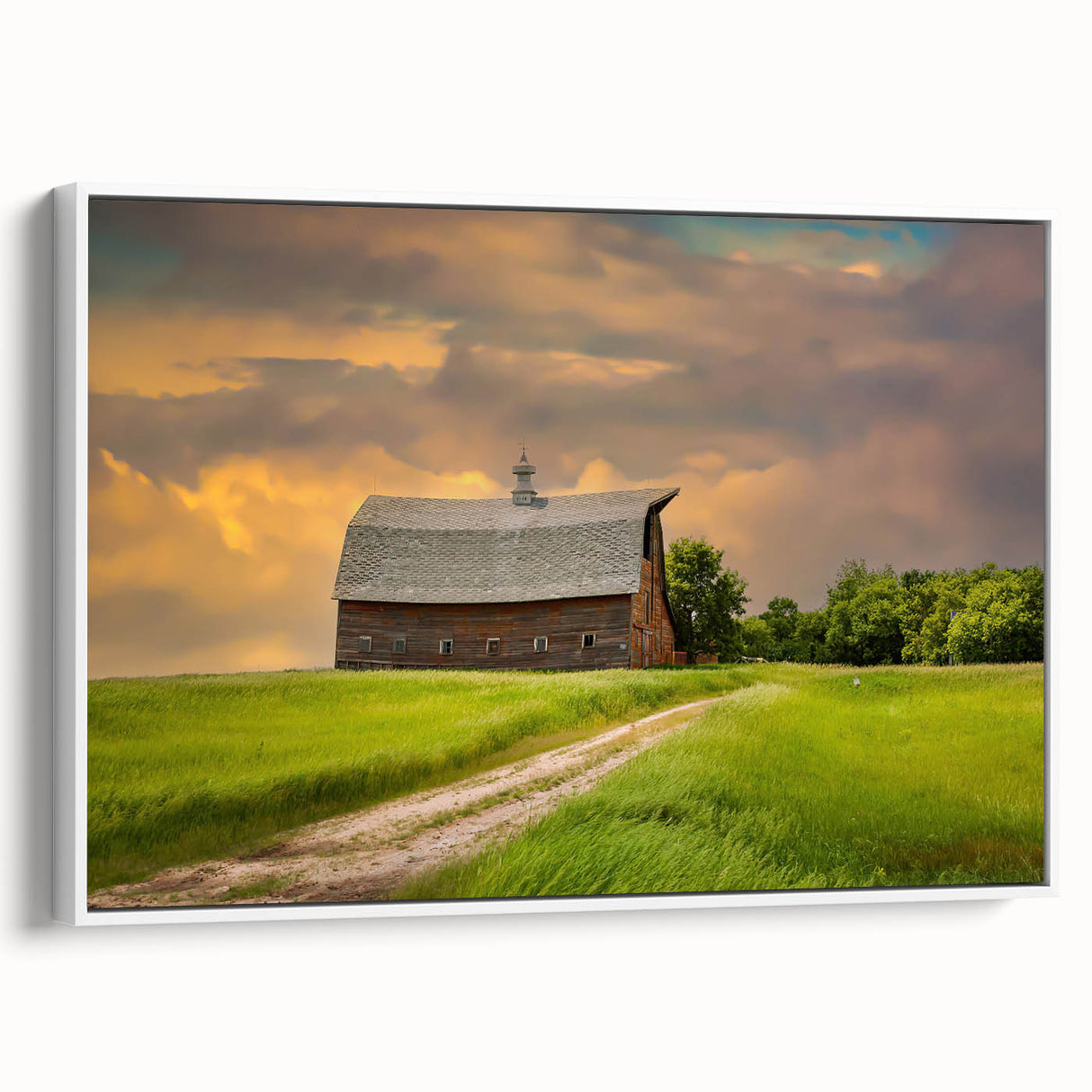 Vintage poster art of a North Dakota landscape on a framed canvas, featuring colorful art in a large format.