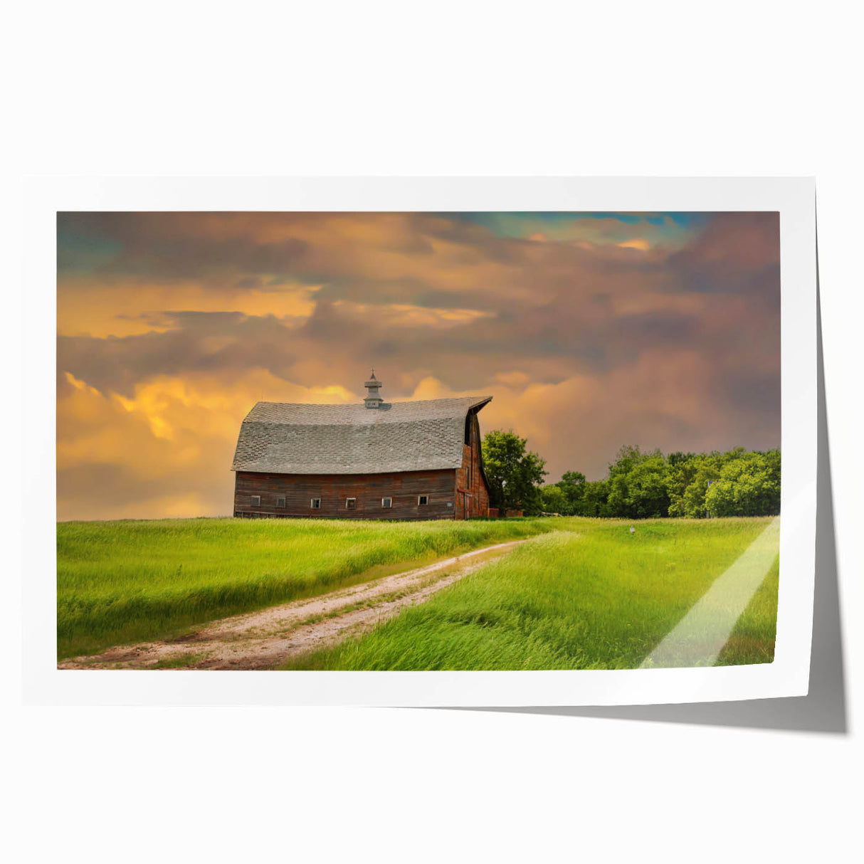 Rolling prairie landscape in muted greens and browns on a large rolled canvas, suitable for dining room or bathroom wall art.