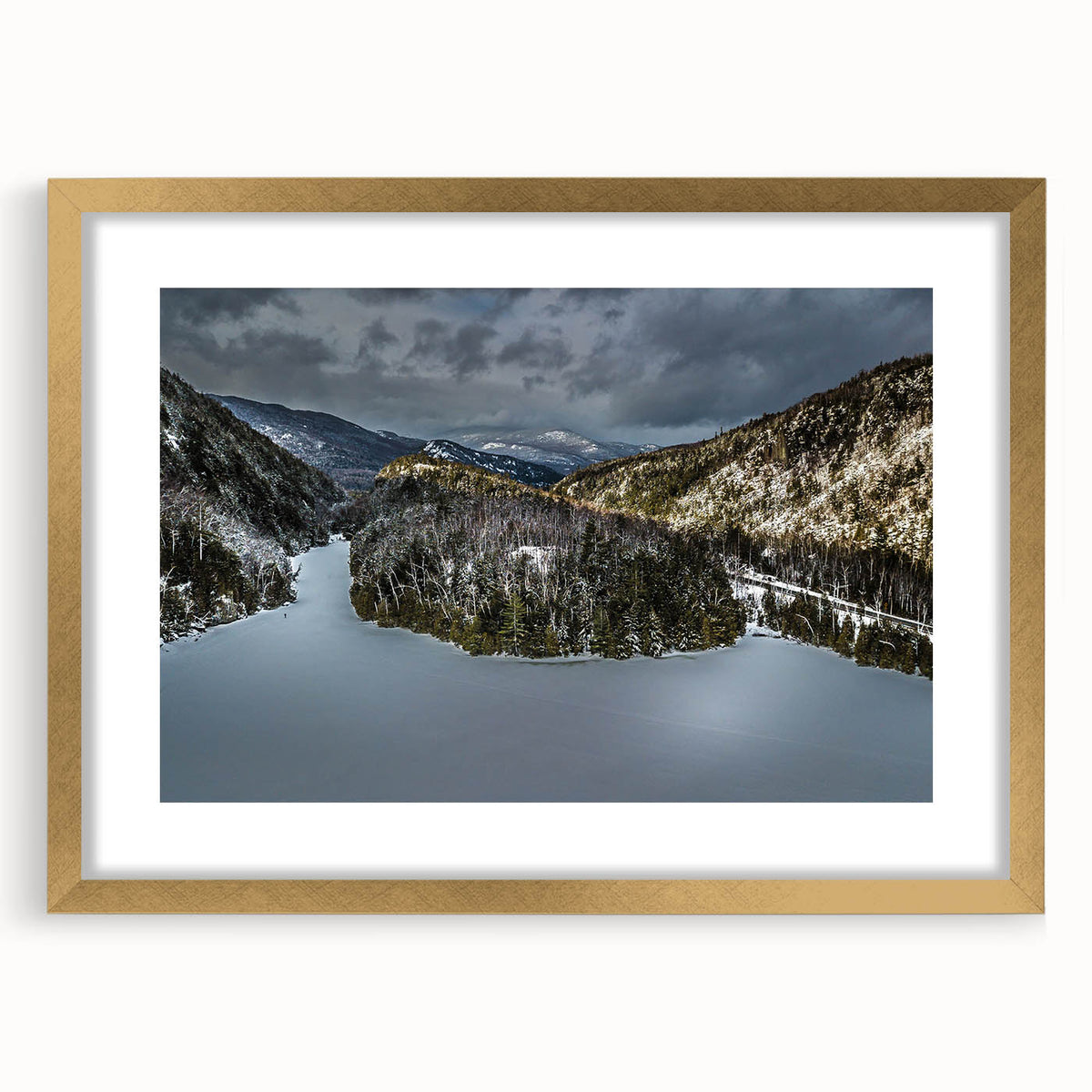 Extra large abstract art print of Adirondack scenery in textured style, with muted earth tones, framed in gold.