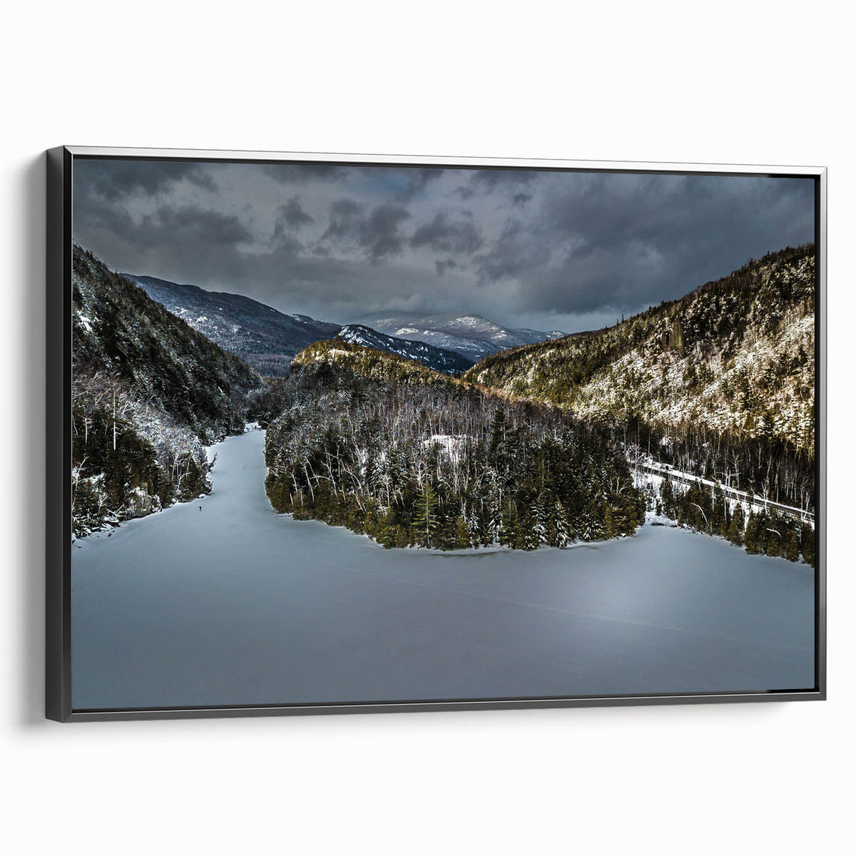 Black and white framed canvas of Adirondack landscape, ideal for bedroom wall art.