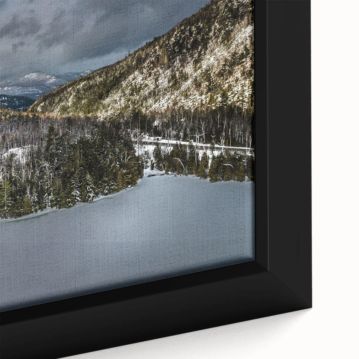 Close-up of a black framed canvas depicting the Adirondack scenery, featuring colorful, textured art.
