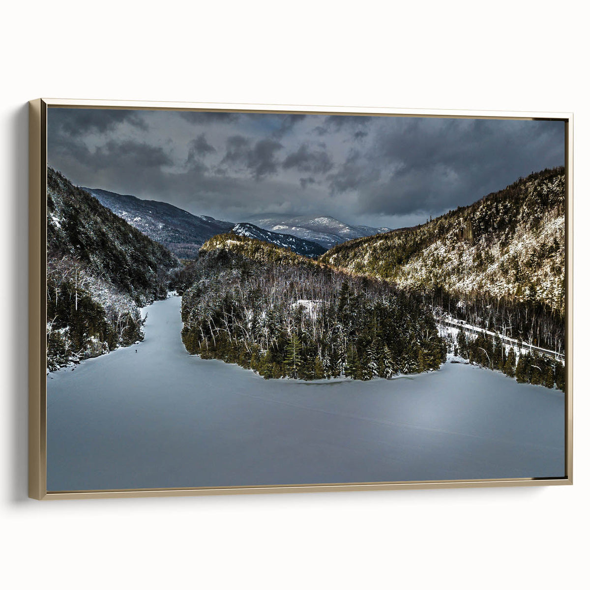 Framed canvas of vintage-style Adirondacks landscape in muted gold and black tones, suitable for bedroom wall art.