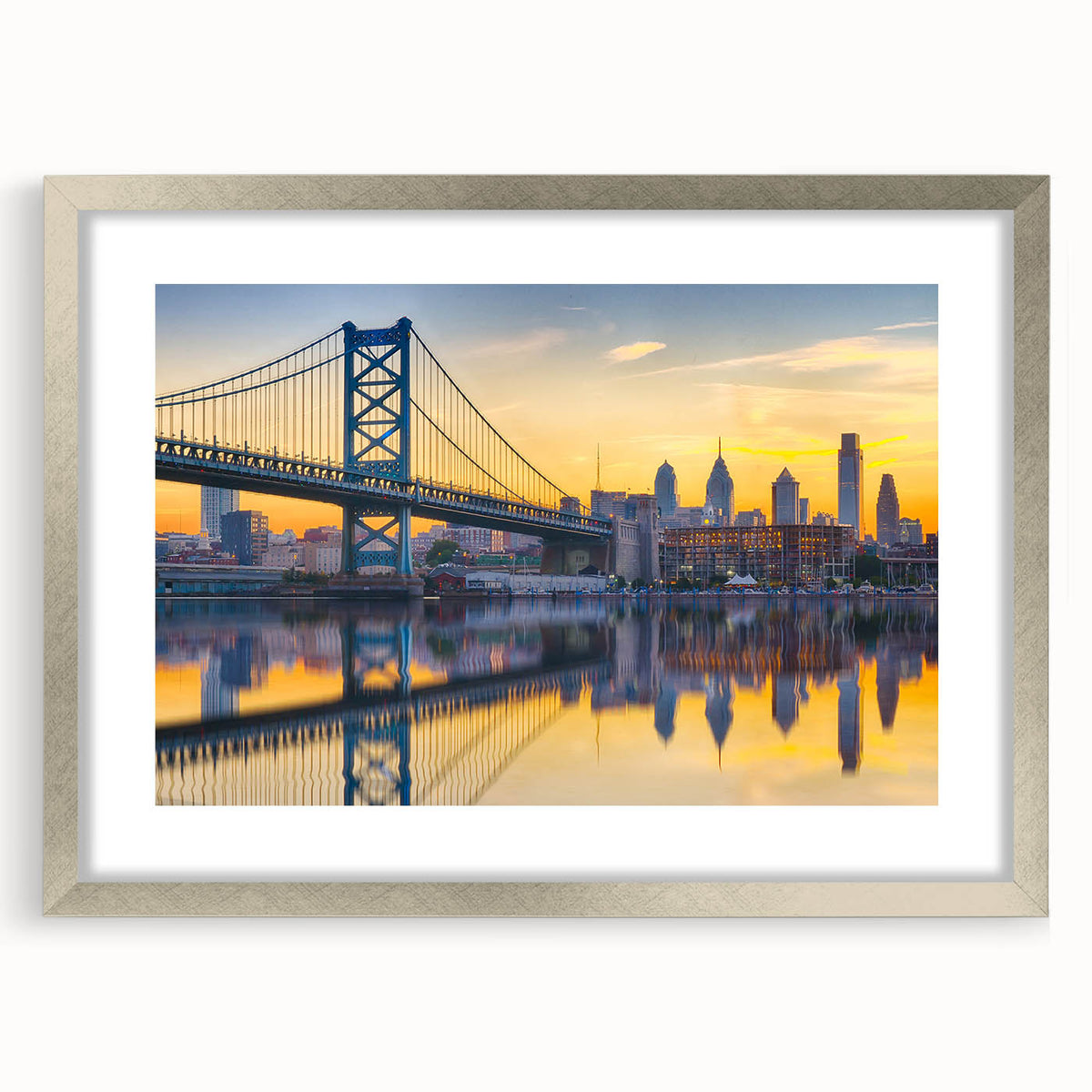 Textured abstract art print of Philadelphia skyline in muted gray tones on a framed silver mat.