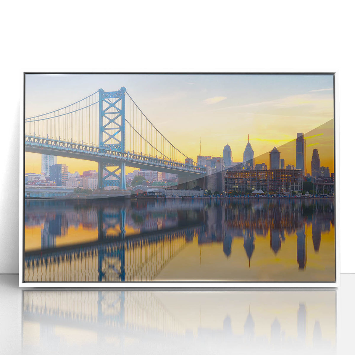 Art deco poster of Philadelphia skyline in muted gray and blue tones, acrylic print framed in white.