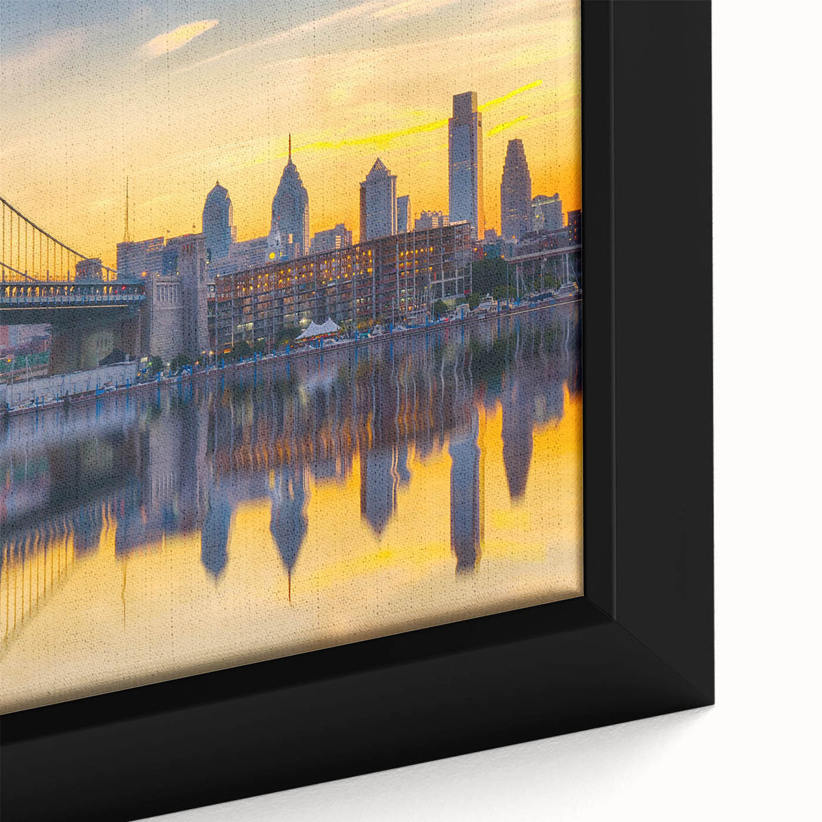 Extra large black wall art featuring a textured Philadelphia skyline in colorful hues on framed canvas.