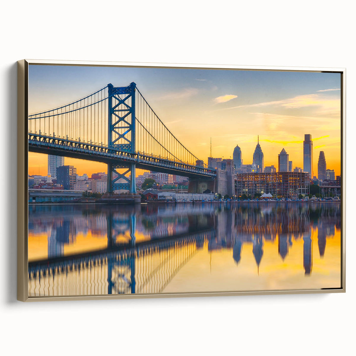 Framed canvas of vintage-style Philadelphia landscape in black and gold tones, ideal for bedroom wall art.