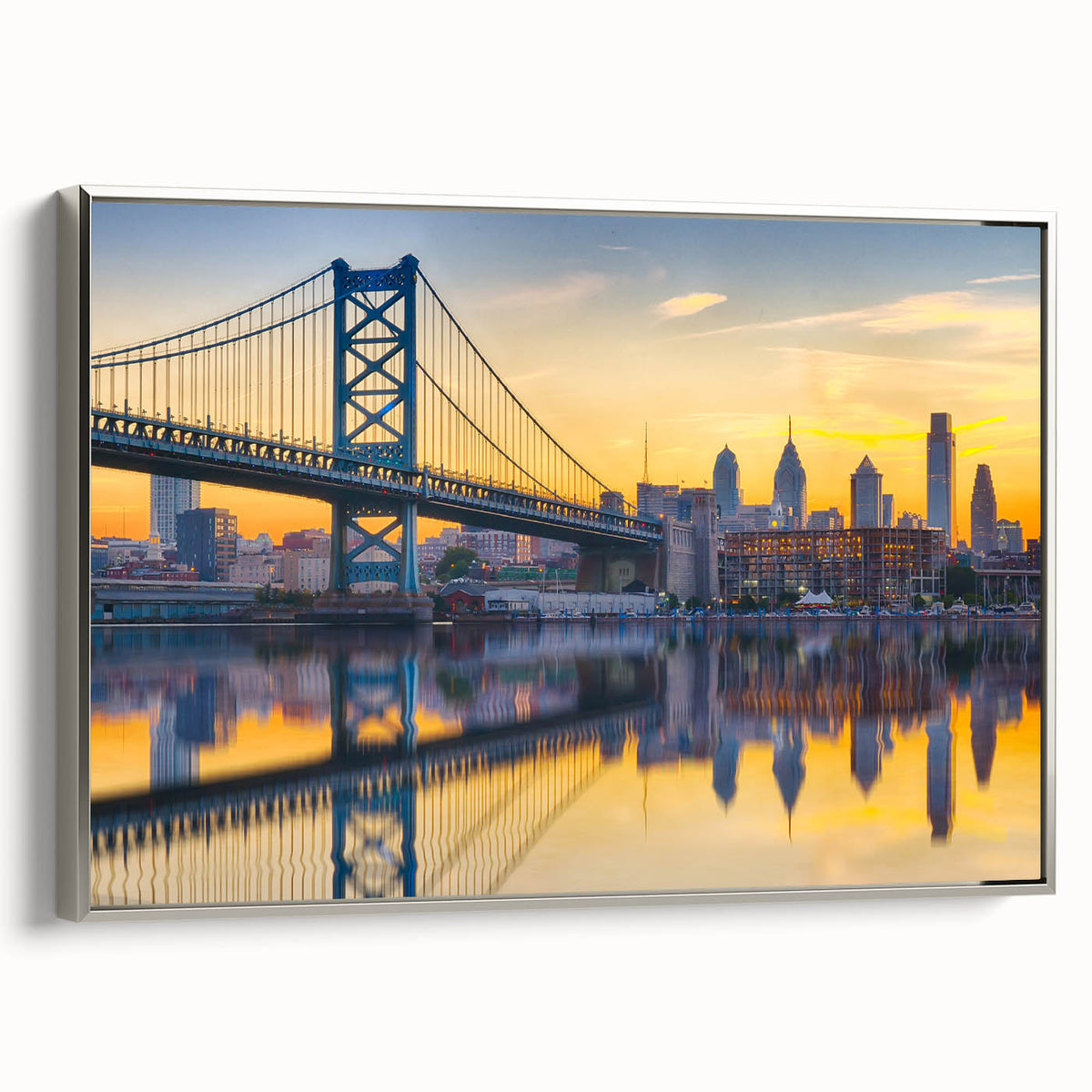 Framed canvas of a vintage-style Philadelphia landscape, featuring colorful art with black borders, ideal for office decor.