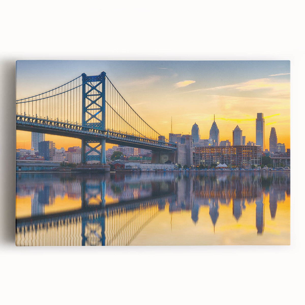 Black and white large art print of Philadelphia skyline on stretched canvas, ideal for kitchen wall art.