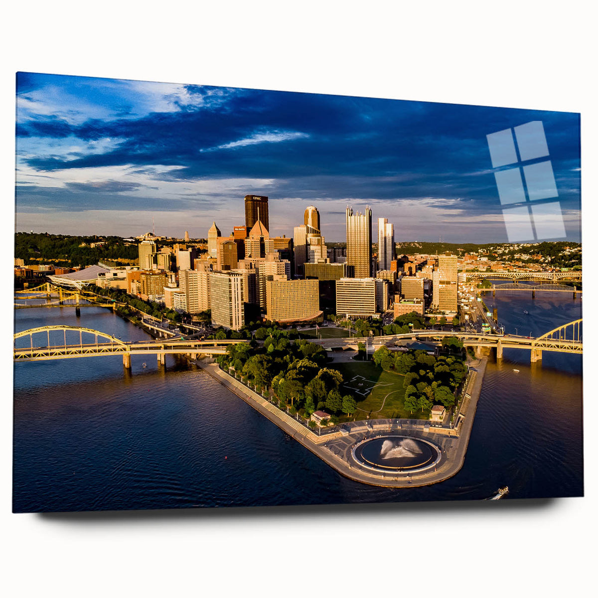 Acrylic print of Pittsburgh skyline in muted gray and blue tones, ideal for bedroom or dining room art.