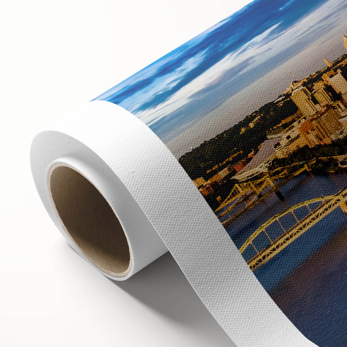 Art deco poster of Pittsburgh skyline in pastel shades on rolled canvas, ideal for nursery wall art.