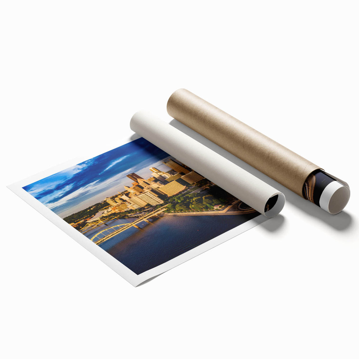 Rolled print of Pittsburgh skyline in muted gray tones, ideal for classy bathroom wall art.