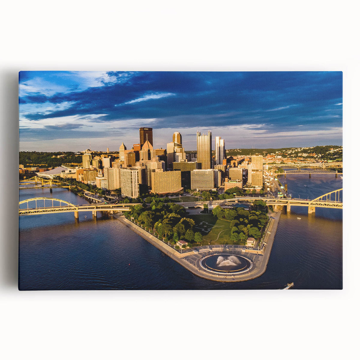 Black and white photograph of Pittsburgh skyline on large stretched canvas, suitable for kitchen wall art.