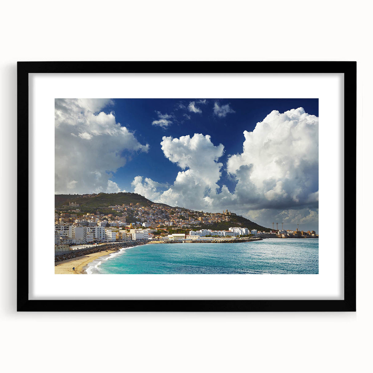 Extra large abstract art print of colorful textured scenery, framed in black, ideal for living room decor.