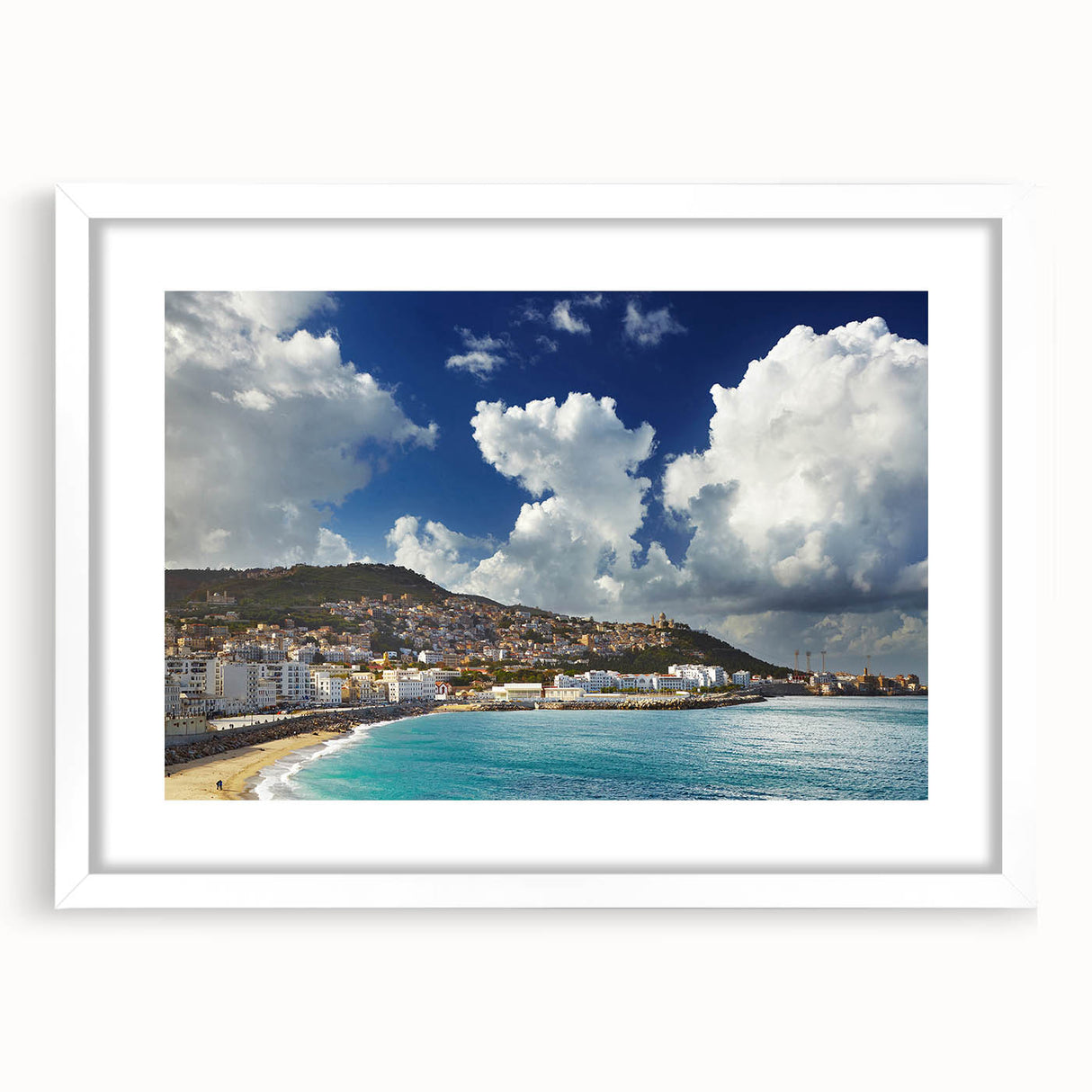 Extra large abstract art print depicting an Algerian landscape in textured earth tones, framed in white.