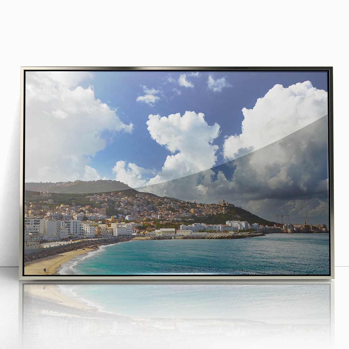 Art deco poster of an Algerian landscape in muted earth tones, framed in silver acrylic, suitable for nursery wall art.