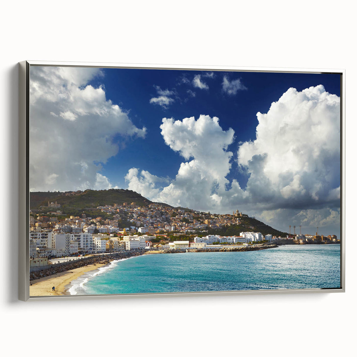 Vintage poster art of an Algerian landscape on framed canvas, featuring a vibrant color palette, ideal for living room decor.